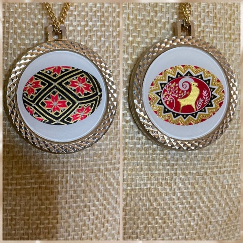 Double Sided Gold Necklace with Mountain Goat Capricorn and Egg motif